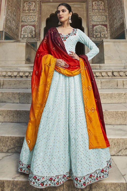 Best Wedding Wear Taffeta Silk Anarkali Gown in Blue | Gunj Fashion